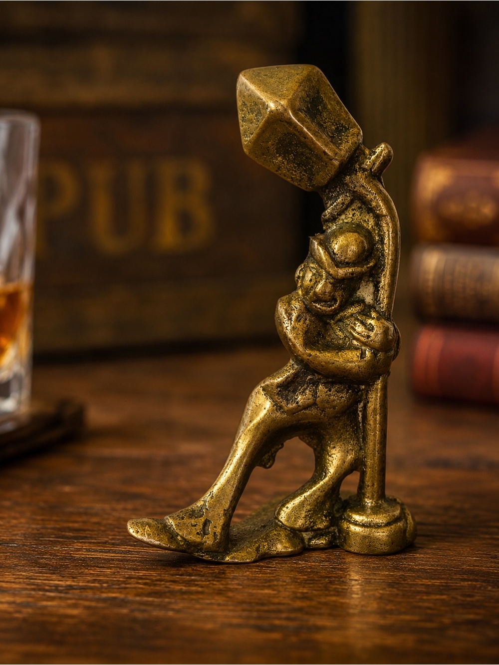 Vintage Solid Brass Tipsy Drunk Man Lamppost Figurine English Pub Decor 3.5"